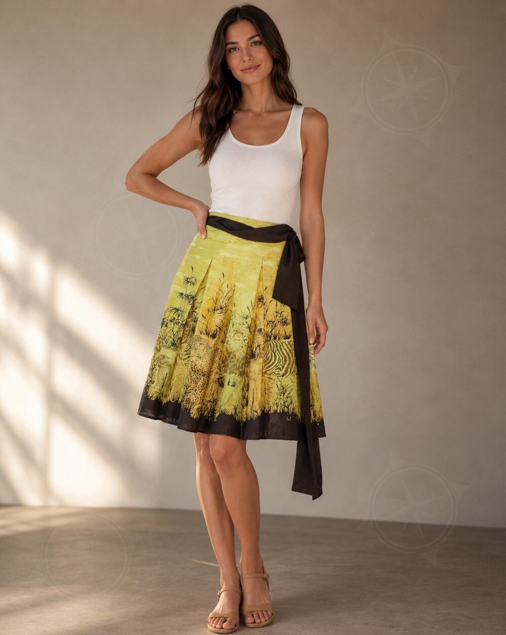 Neiman Marcus Exclusive Safari Animal Print Cotton Pleated Skirt Size 6 Wrap Tie